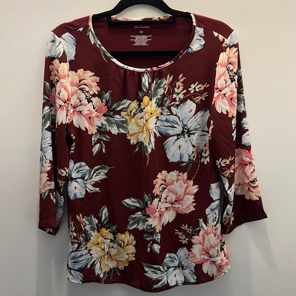 Van Heusen maroon floral 3/4 sleeve shirt